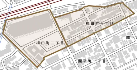 柳田町とその周辺の地図。町の範囲を重ねている