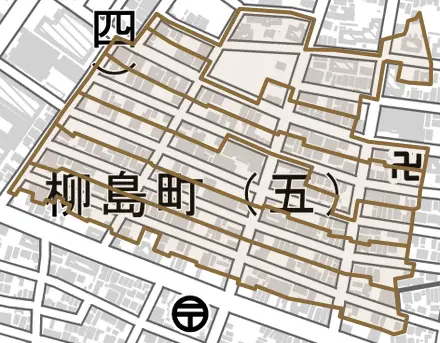 柳島町とその周辺の地図。町の範囲を重ねている