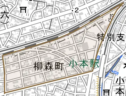 柳森町とその周辺の地図。町の範囲を重ねている
