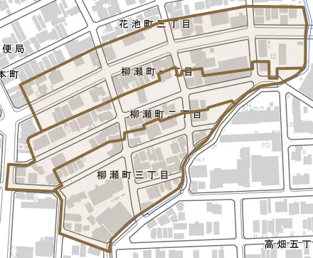 柳瀬町とその周辺の地図。町の範囲を重ねている
