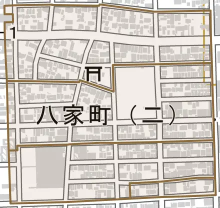 八家町とその周辺の地図。町の範囲を重ねている