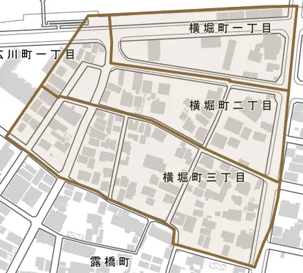 横堀町とその周辺の地図。町の範囲を重ねている