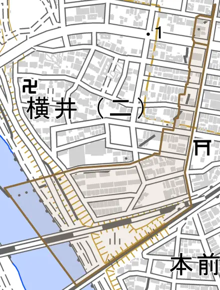 横井とその周辺の地図。町の範囲を重ねている