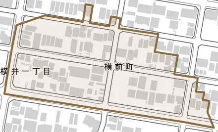 横前町とその周辺の地図。町の範囲を重ねている