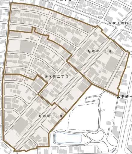 好本町とその周辺の地図。町の範囲を重ねている