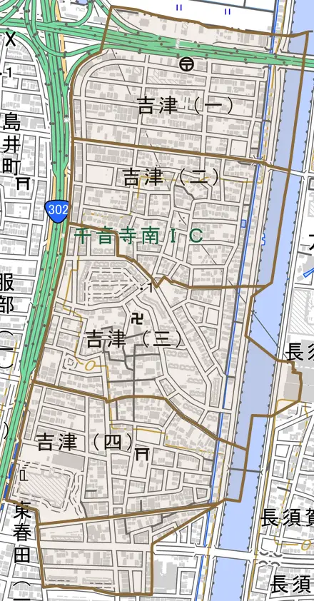 吉津とその周辺の地図。町の範囲を重ねている
