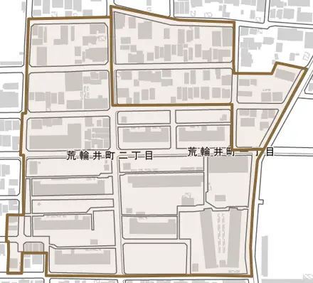 荒輪井町とその周辺の地図。町の範囲を重ねている