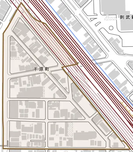 千原町とその周辺の地図。町の範囲を重ねている