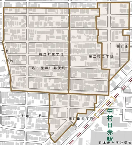 藤江町とその周辺の地図。町の範囲を重ねている