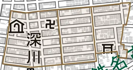 深川町とその周辺の地図。町の範囲を重ねている
