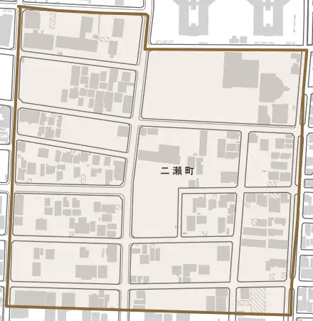 二瀬町とその周辺の地図。町の範囲を重ねている
