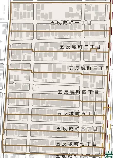 五反城町とその周辺の地図。町の範囲を重ねている