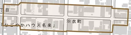 羽衣町とその周辺の地図。町の範囲を重ねている