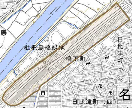 橋下町とその周辺の地図。町の範囲を重ねている