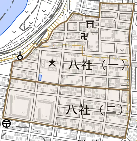 八社とその周辺の地図。町の範囲を重ねている