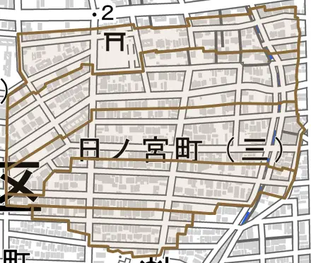 日ノ宮町とその周辺の地図。町の範囲を重ねている