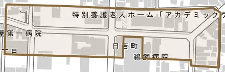 日吉町とその周辺の地図。町の範囲を重ねている