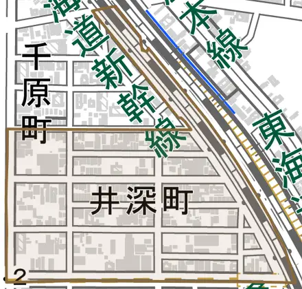 井深町とその周辺の地図。町の範囲を重ねている
