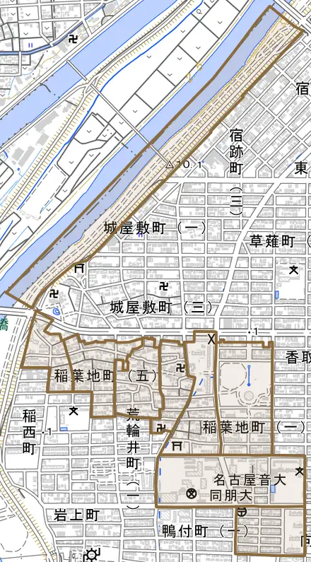 稲葉地町とその周辺の地図。町の範囲を重ねている