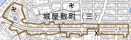 稲葉地本通とその周辺の地図。町の範囲を重ねている