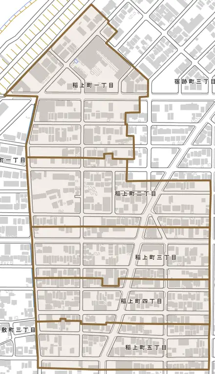 稲上町とその周辺の地図。町の範囲を重ねている