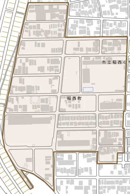 稲西町とその周辺の地図。町の範囲を重ねている