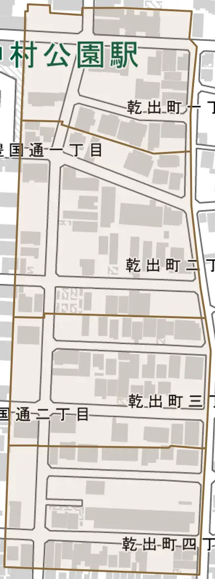 乾出町とその周辺の地図。町の範囲を重ねている