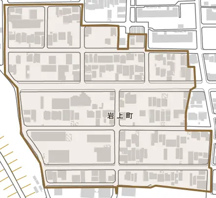 岩上町とその周辺の地図。町の範囲を重ねている