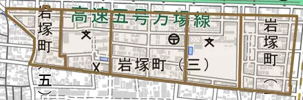 岩塚町とその周辺の地図。町の範囲を重ねている
