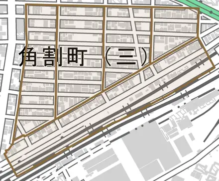 角割町とその周辺の地図。町の範囲を重ねている