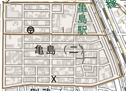 亀島とその周辺の地図。町の範囲を重ねている
