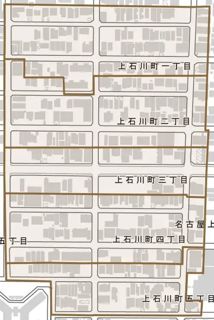 上石川町とその周辺の地図。町の範囲を重ねている