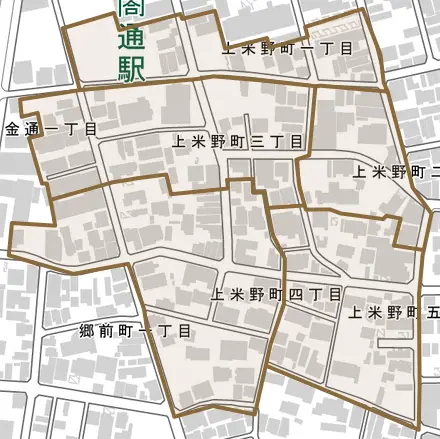 上米野町とその周辺の地図。町の範囲を重ねている
