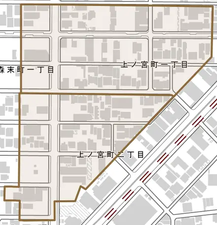上ノ宮町とその周辺の地図。町の範囲を重ねている