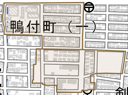 鴨付町とその周辺の地図。町の範囲を重ねている