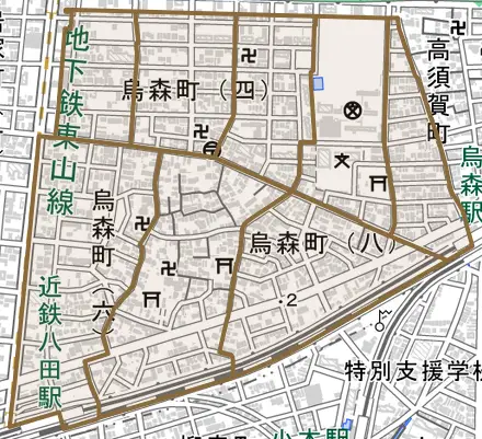 烏森町とその周辺の地図。町の範囲を重ねている