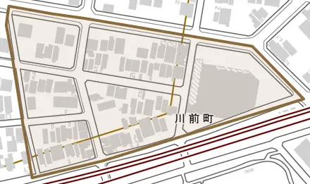 川前町とその周辺の地図。町の範囲を重ねている