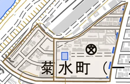 菊水町とその周辺の地図。町の範囲を重ねている
