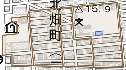 北畑町とその周辺の地図。町の範囲を重ねている