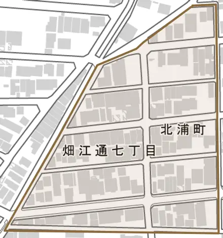 北浦町とその周辺の地図。町の範囲を重ねている
