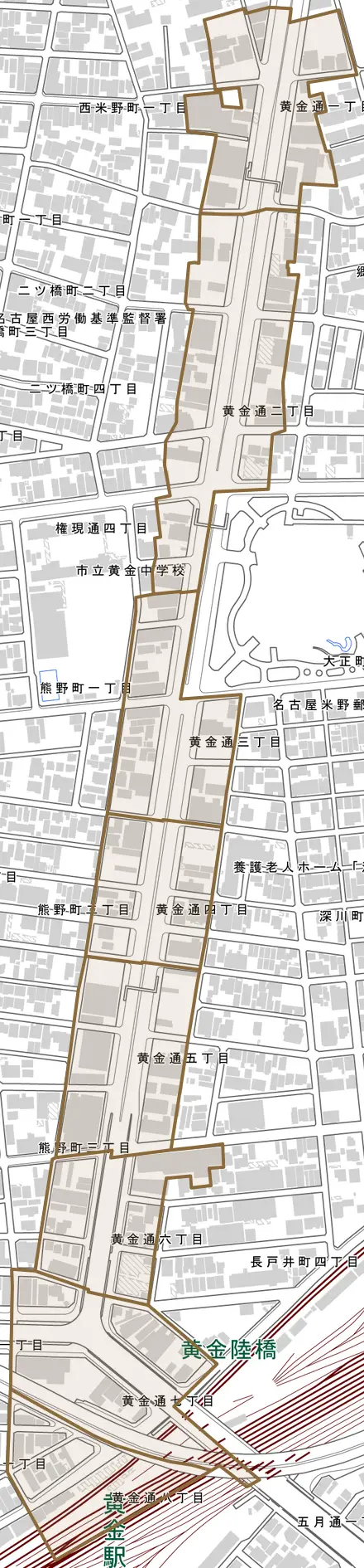 黄金通とその周辺の地図。町の範囲を重ねている
