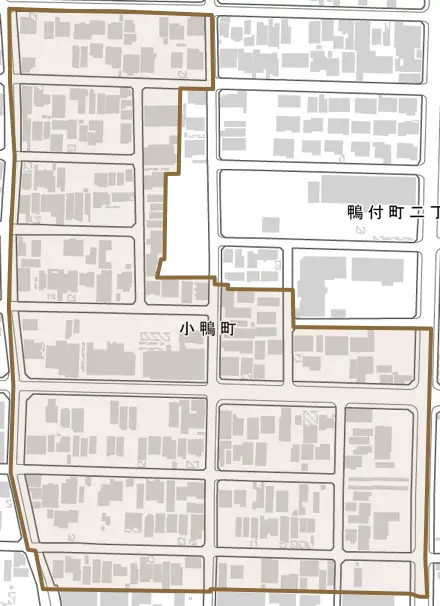 小鴨町とその周辺の地図。町の範囲を重ねている