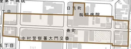 寿町とその周辺の地図。町の範囲を重ねている