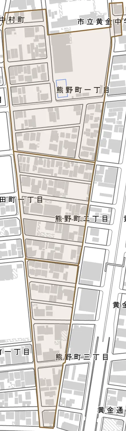 熊野町とその周辺の地図。町の範囲を重ねている