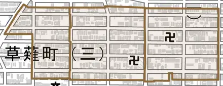 草薙町とその周辺の地図。町の範囲を重ねている