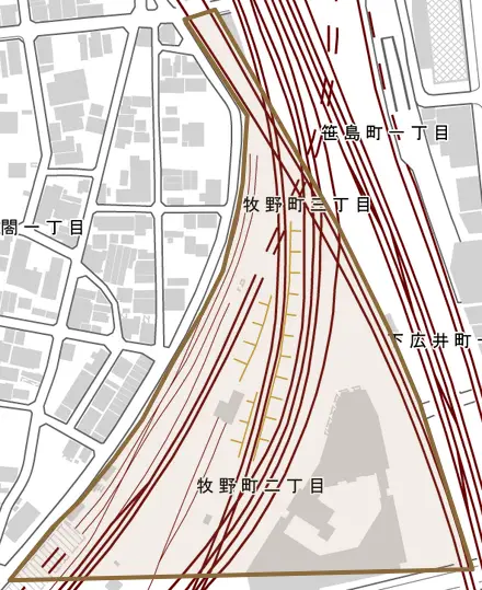 牧野町とその周辺の地図。町の範囲を重ねている