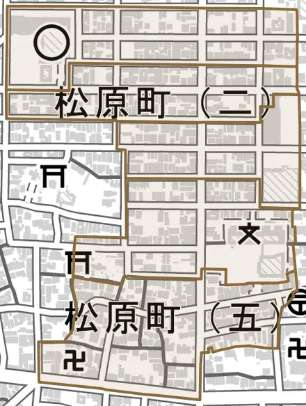 松原町とその周辺の地図。町の範囲を重ねている
