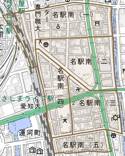 名駅南とその周辺の地図。町の範囲を重ねている