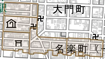 名楽町とその周辺の地図。町の範囲を重ねている
