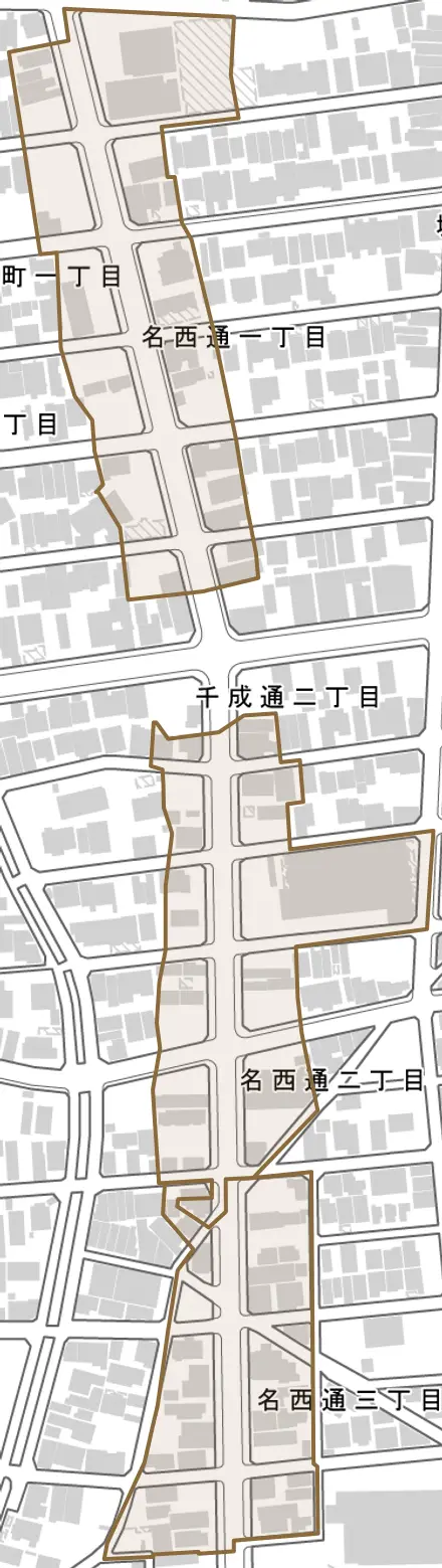 名西通とその周辺の地図。町の範囲を重ねている